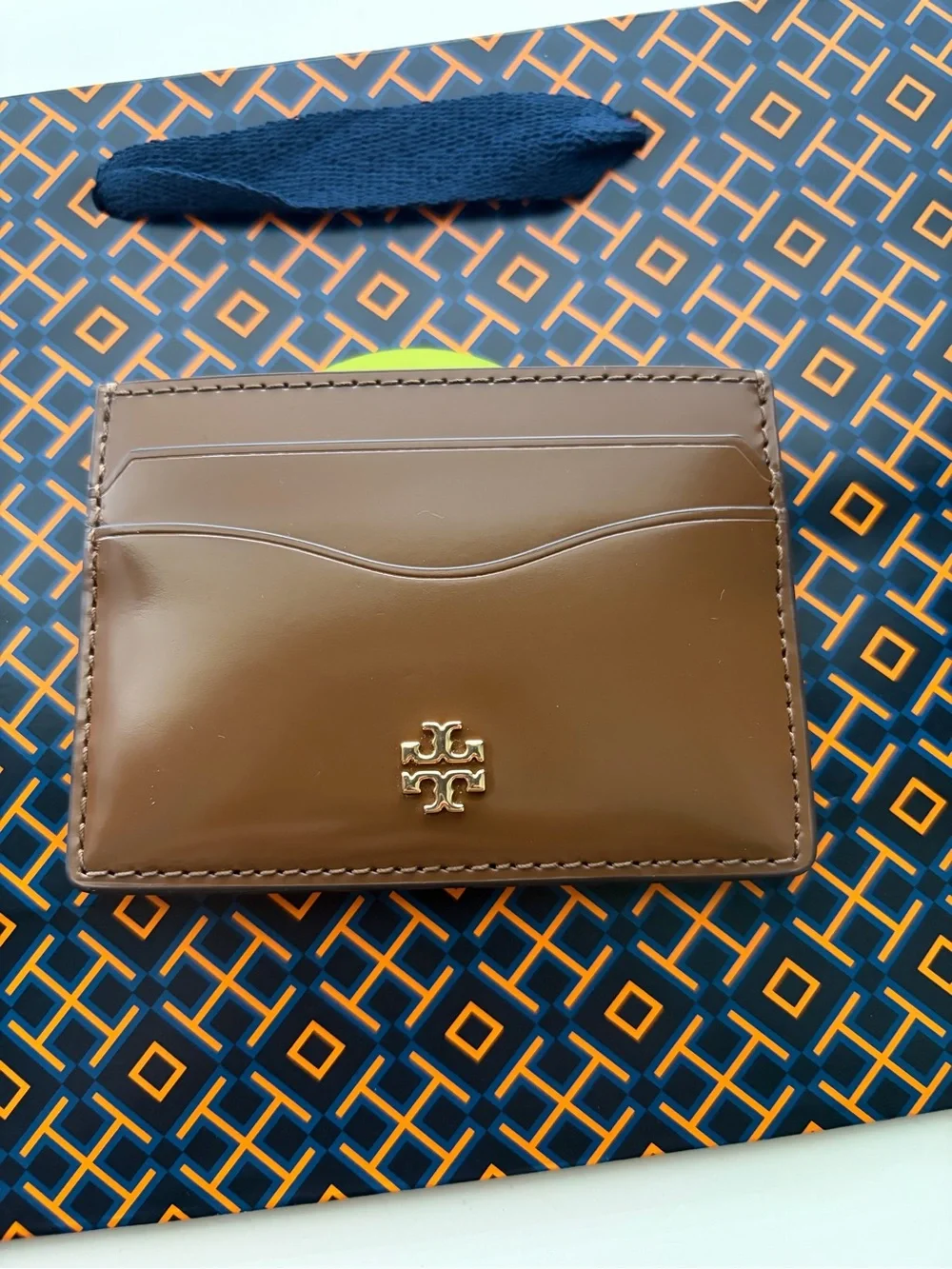 Tory Burch Walnut Brown Leather Card Case with Gold Logo